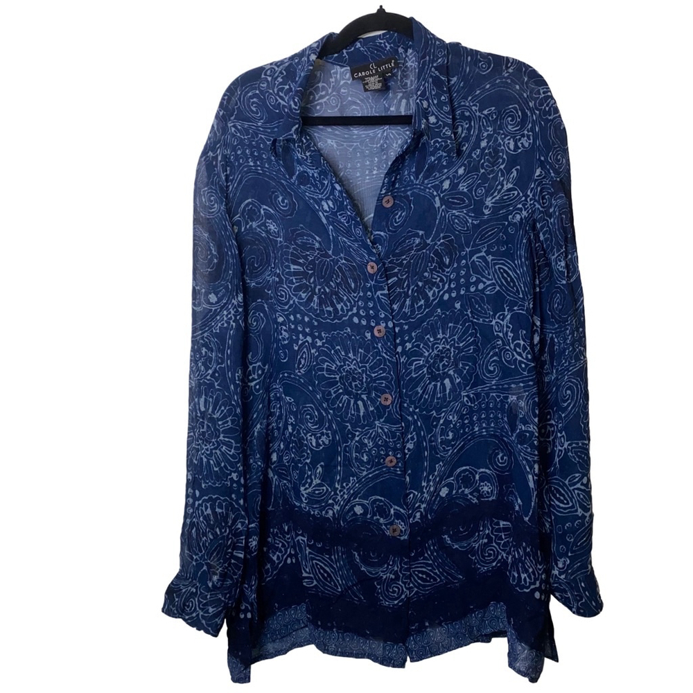 Women's Carole Little Blue and White Paisley Button Down Collared Shirt Size 14